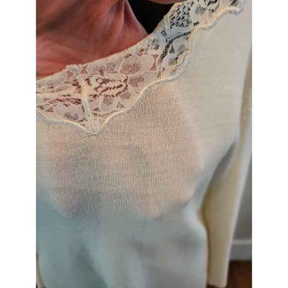 Vintage y2k Cream Fine Gauge Sweater Lace Trim Stretch L Fairy Coquette Cottage - Picture 4 of 7